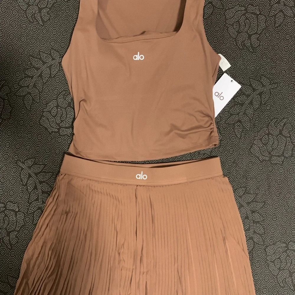 ALO Yoga Tan Pleated Skater Skirt with Matching Crop Tank